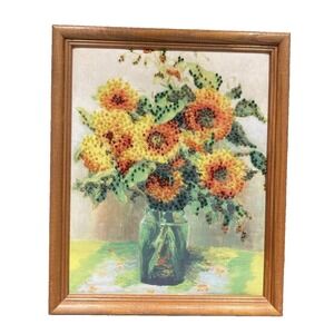 Handmade Art Sunflowers Fabric Beaded Accents Framed 8.5" x 11" Vtg 1970s-80s